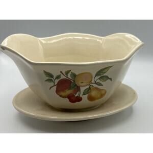 Gravy Boat Plate Teleflora Fruit Decal Ceramic Ivory Micro & Dish Safe 7.5 x 4"